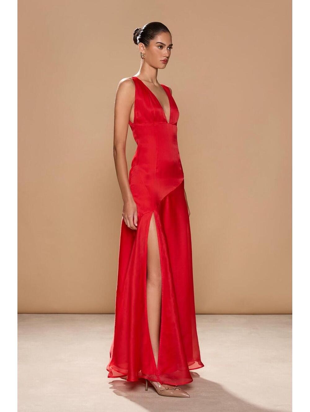New Sonya Moda Alma Plunge Bias Cut Silk Organza Gown In Lola Red Size M $420 - Picture 5 of 13